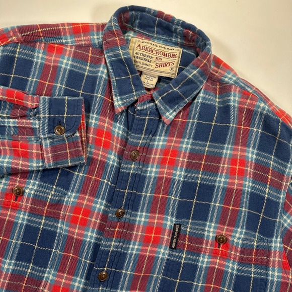 Vintage Abercrombie Men's Large Flannel Red Blue Plaid Long Sleeve Big Shirts - Picture 1 of 5